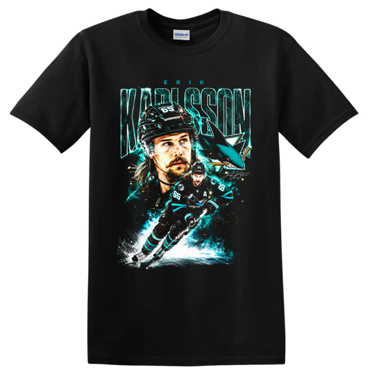 Erik Karlsson No. 65 San Jose Sharks hockey portrait and action collage graphic on a Black T Shirt