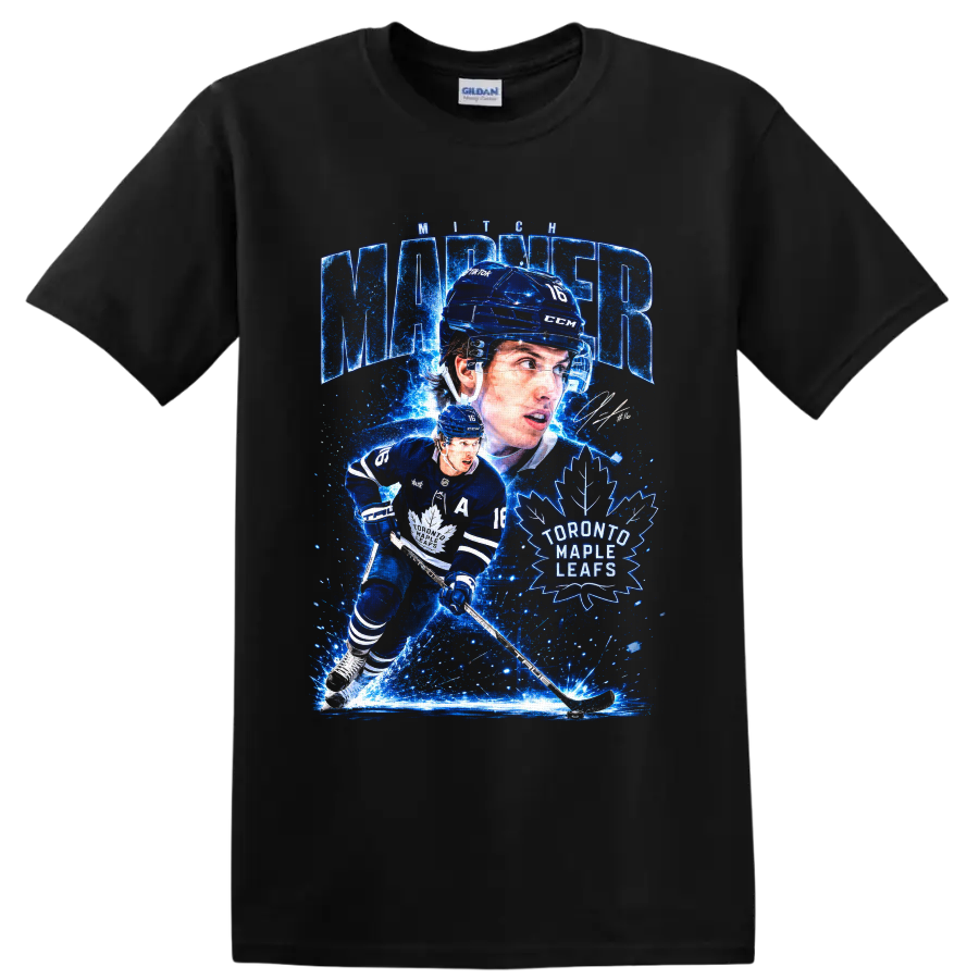 Mitch Marner Toronto Maple Leafs electric-blue hockey action graphic with number 16 on a Black T Shirt