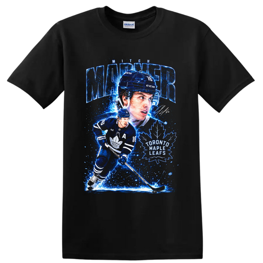 Mitch Marner Toronto Maple Leafs electric-blue hockey action graphic with number 16 on a Black T Shirt