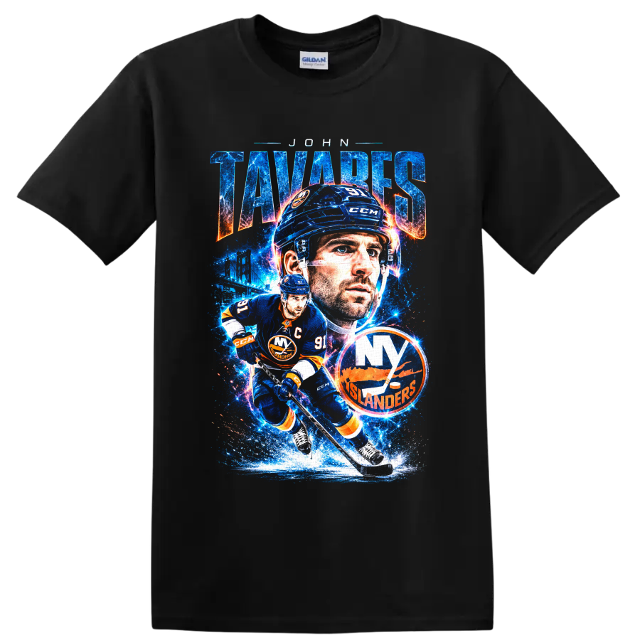 John Tavares New York Islanders cosmic hockey collage with number 91 on a Black T Shirt