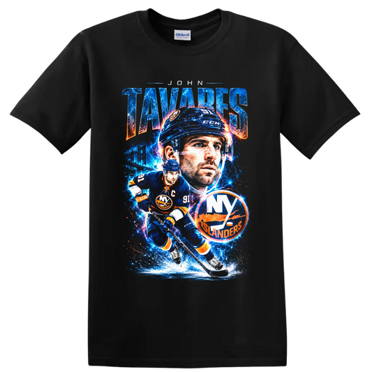 John Tavares New York Islanders cosmic hockey collage with number 91 on a Black T Shirt