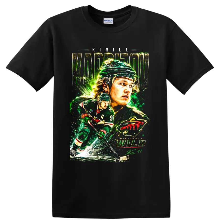 Kirill Kaprizov Minnesota Wild hockey portrait graphic with action player and team emblem on a Black T Shirt