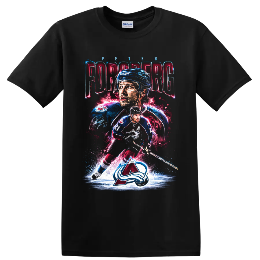 Peter Forsberg Colorado Avalanche hockey collage with PETER FORSBERG text and number 21 on a Black T Shirt