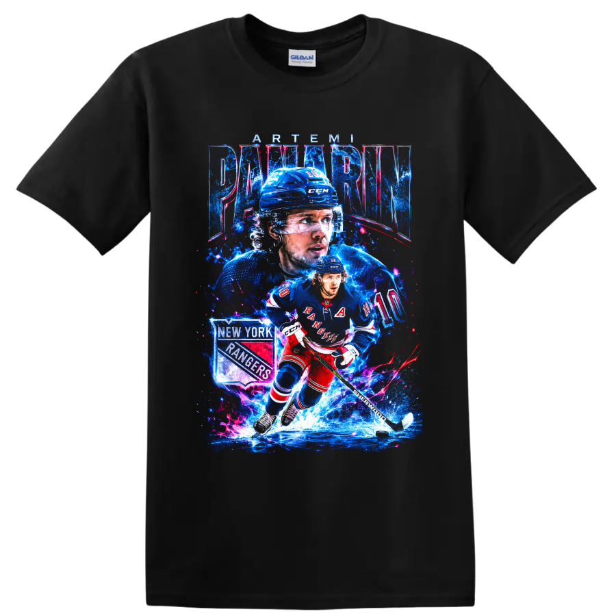 Artemi Panarin New York Rangers hockey action graphic with number 10 and ice effects on a Black T Shirt
