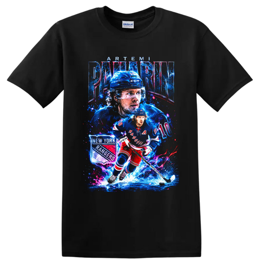 Artemi Panarin New York Rangers hockey action graphic with number 10 and ice effects on a Black T Shirt