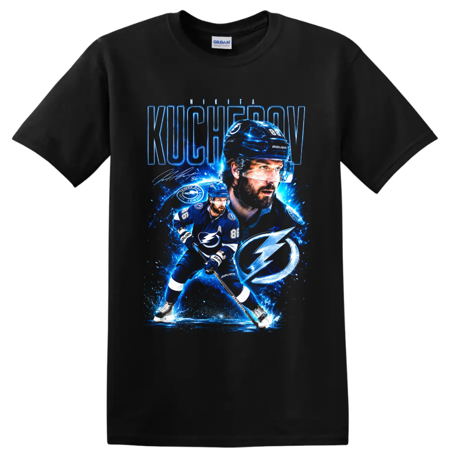 Nikita Kucherov Tampa Bay Lightning electric blue hockey portrait and action graphic on a Black T Shirt