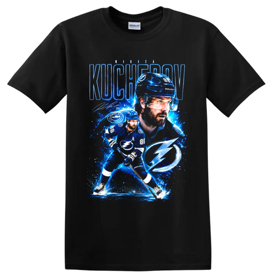 Nikita Kucherov Tampa Bay Lightning electric blue hockey portrait and action graphic on a Black T Shirt