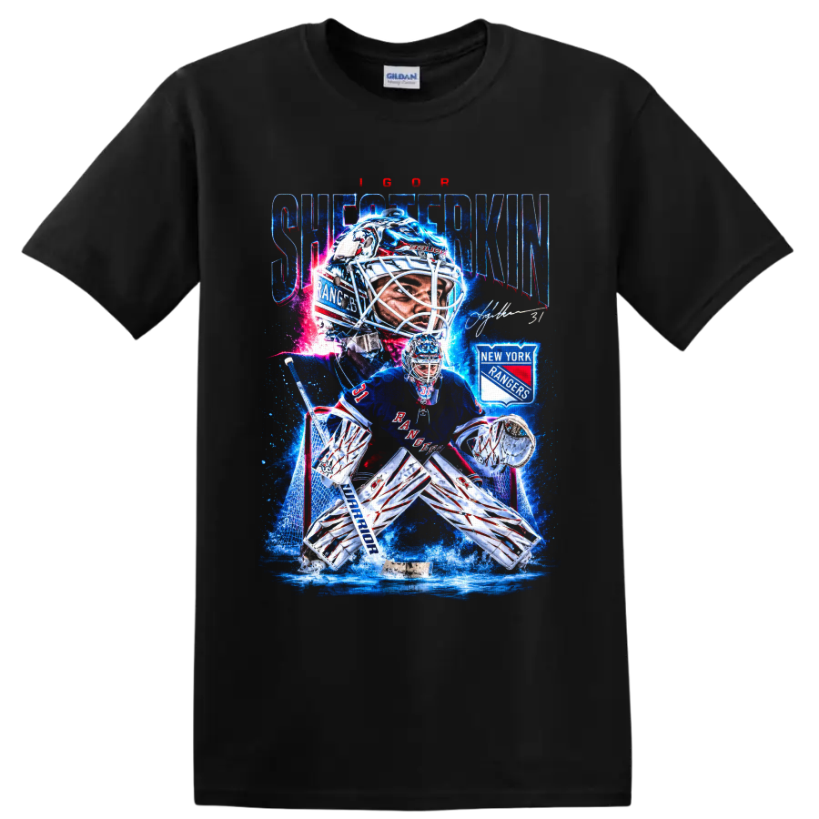 Igor Shesterkin New York Rangers goalie graphic with rink action and team crest on a Black T Shirt