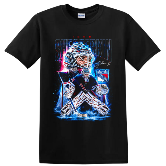 Igor Shesterkin New York Rangers goalie graphic with rink action and team crest on a Black T Shirt
