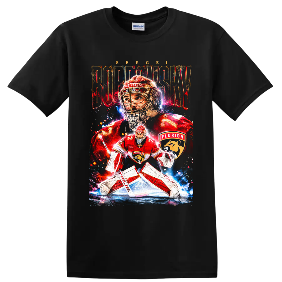 Sergei Bobrovsky Florida Panthers goaltender graphic with distressed name lettering on a Black T Shirt