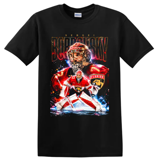 Sergei Bobrovsky Florida Panthers goaltender graphic with distressed name lettering on a Black T Shirt