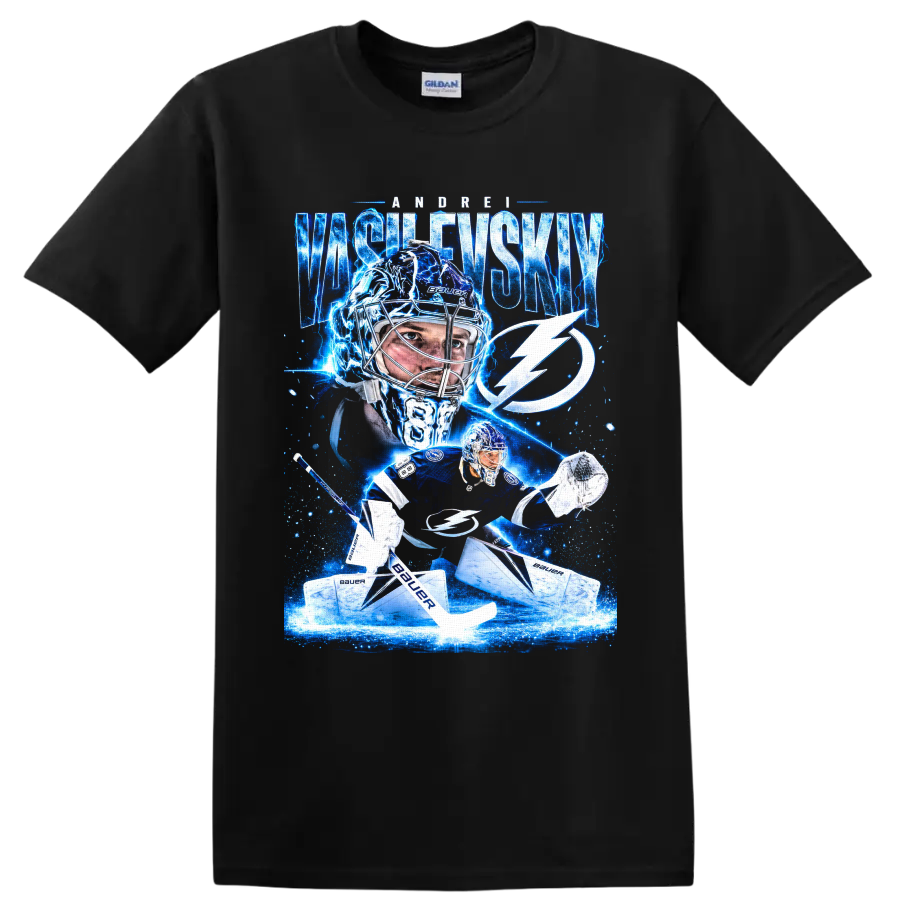 Andrei Vasilevskiy Tampa Bay Lightning goalie graphic with electric blue ice effects on a Black T Shirt