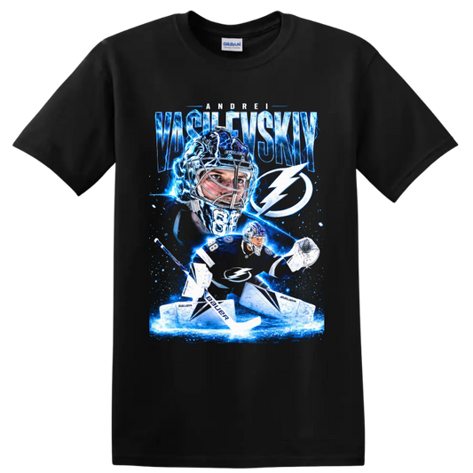 Andrei Vasilevskiy Tampa Bay Lightning goalie graphic with electric blue ice effects on a Black T Shirt