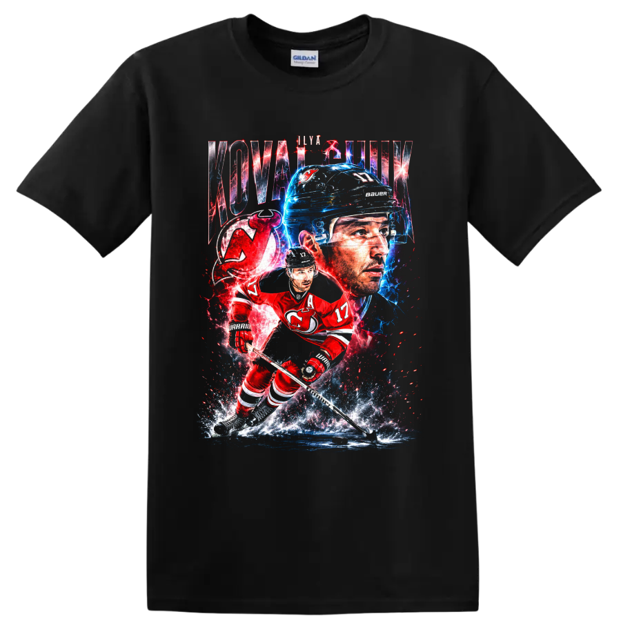 Ilya Kovalchuk New Jersey Devils electric hockey portrait and skating action art on a Black T Shirt