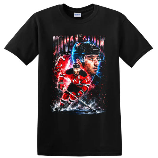 Ilya Kovalchuk New Jersey Devils electric hockey portrait and skating action art on a Black T Shirt