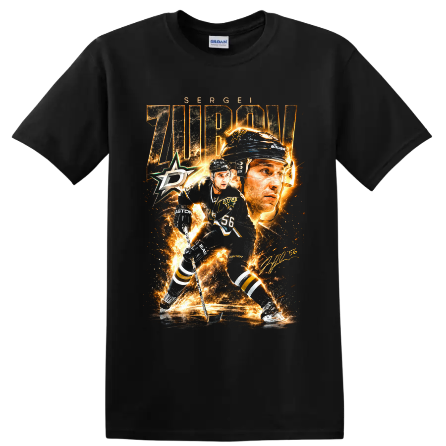 Sergei Zubov Dallas Stars hockey action portrait graphic with number 56 on a Black T Shirt