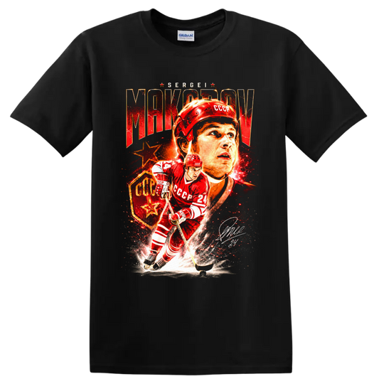 Sergei Makarov CCCP hockey portrait and number 24 action graphic on a Black T Shirt