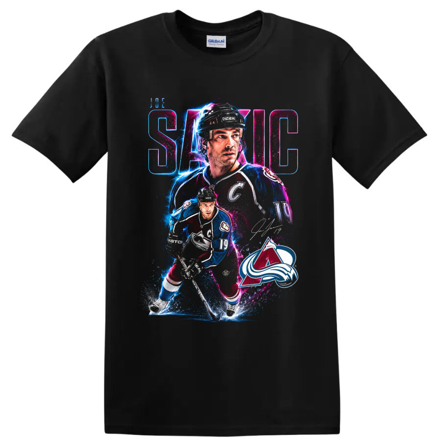 Joe Sakic Colorado Avalanche hockey collage with neon action effects and number 19 on a Black T Shirt