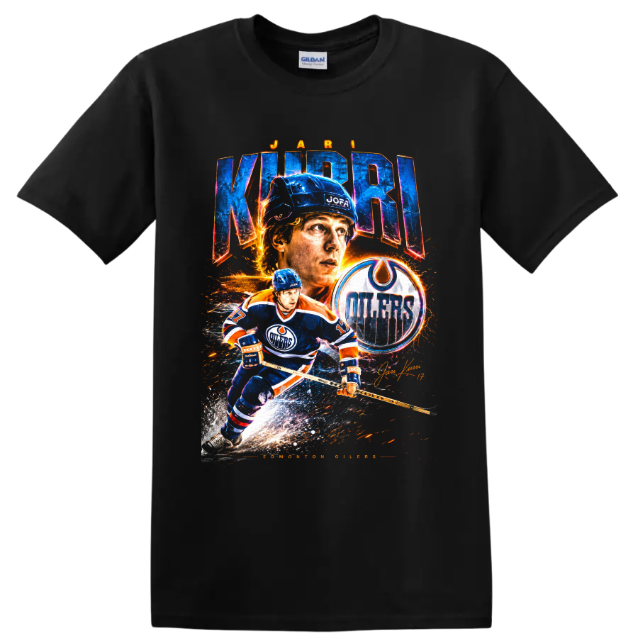Jari Kurri Edmonton Oilers vintage-style hockey collage with team logo and signature on a Black T Shirt