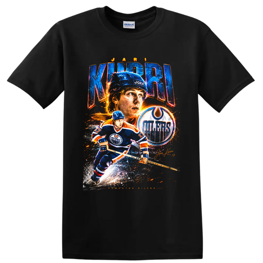 Jari Kurri Edmonton Oilers vintage-style hockey collage with team logo and signature on a Black T Shirt