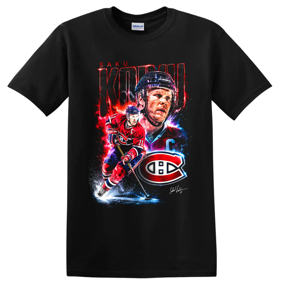 Saku Koivu Canadiens hockey graphic with action pose, portrait, KOIVU text and team emblem on a Black T Shirt