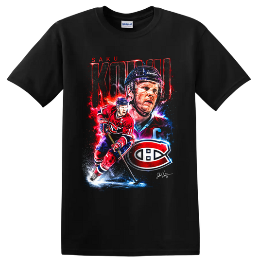 Saku Koivu Canadiens hockey graphic with action pose, portrait, KOIVU text and team emblem on a Black T Shirt