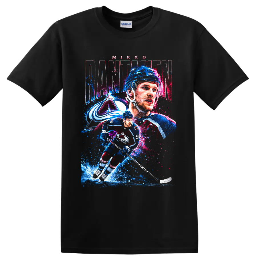 Mikko Rantanen Colorado Avalanche action hockey graphic with number 96 on a Black T Shirt