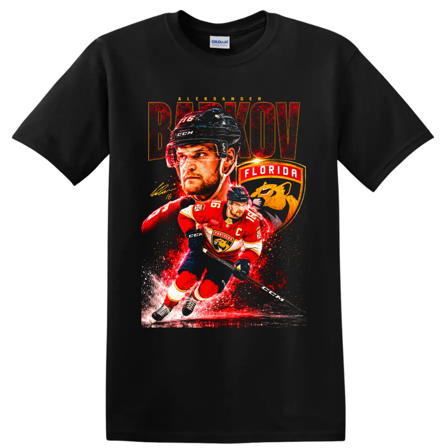 Aleksander Barkov Florida Panthers captain hockey collage with bold BARKOV lettering on a Black T Shirt