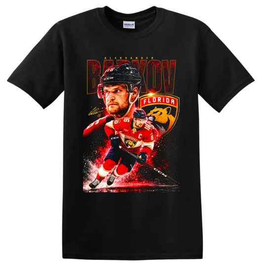 Aleksander Barkov Florida Panthers captain hockey collage with bold BARKOV lettering on a Black T Shirt
