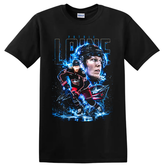 Patrik Laine Blue Jackets electric ice hockey portrait and action graphic on a Black T Shirt