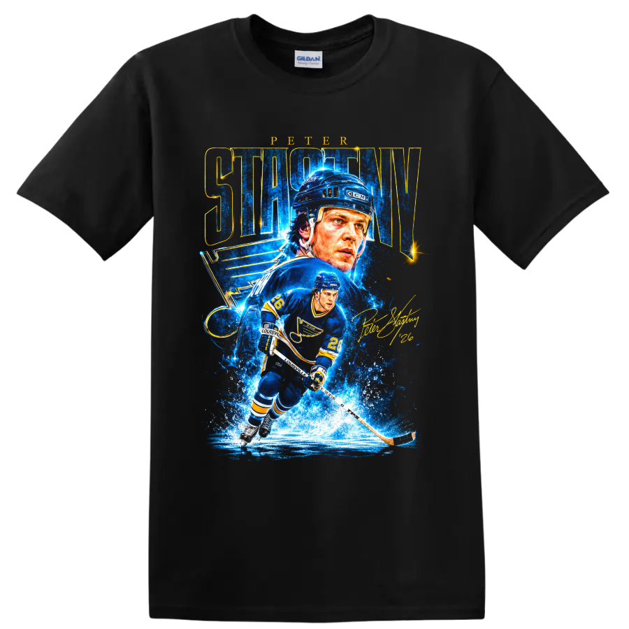 Peter Stastny St. Louis Blues hockey portrait and skating action graphic with #26 on a Black T Shirt