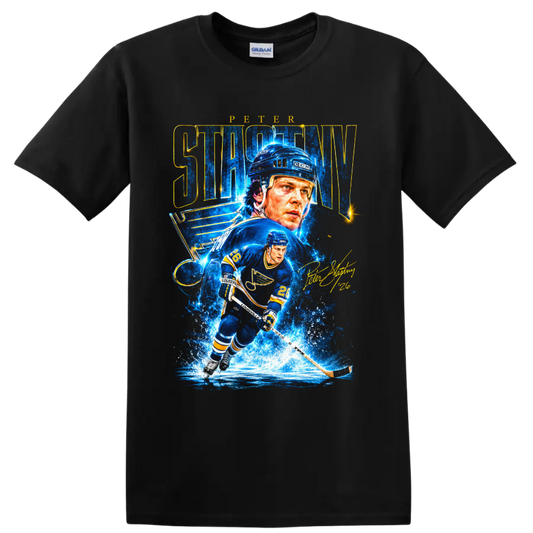Peter Stastny St. Louis Blues hockey portrait and skating action graphic with #26 on a Black T Shirt