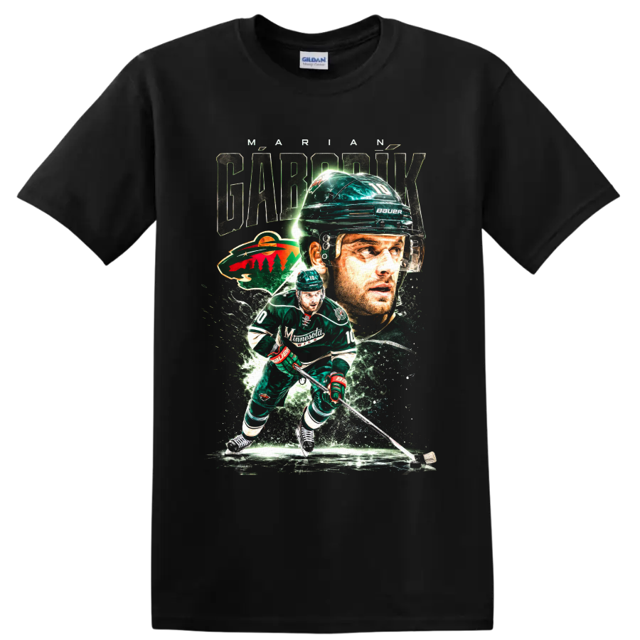 Marian Gaborik Minnesota Wild hockey action collage graphic with number 10 on a Black T Shirt