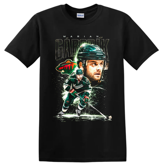 Marian Gaborik Minnesota Wild hockey action collage graphic with number 10 on a Black T Shirt