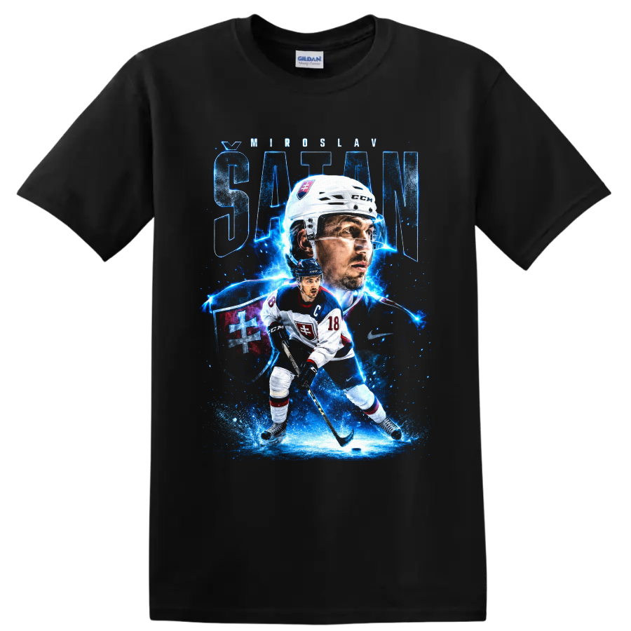 Miroslav Satan Slovakia hockey captain 18 electric blue graphic print on a Black T Shirt