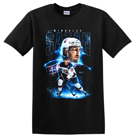 Miroslav Satan Slovakia hockey captain 18 electric blue graphic print on a Black T Shirt