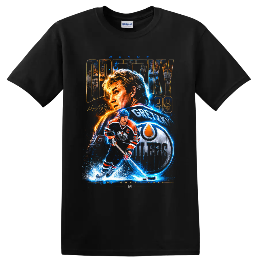 Wayne Gretzky Oilers 99 hockey collage with action art and The Great One text on a Black T Shirt