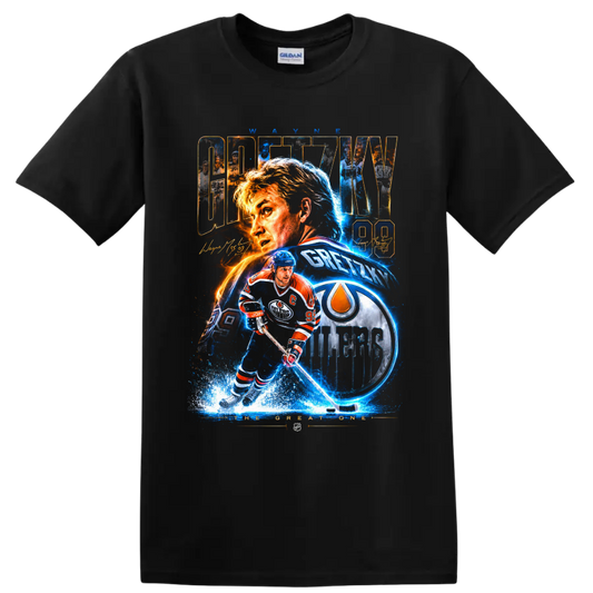 Wayne Gretzky Oilers 99 hockey collage with action art and The Great One text on a Black T Shirt