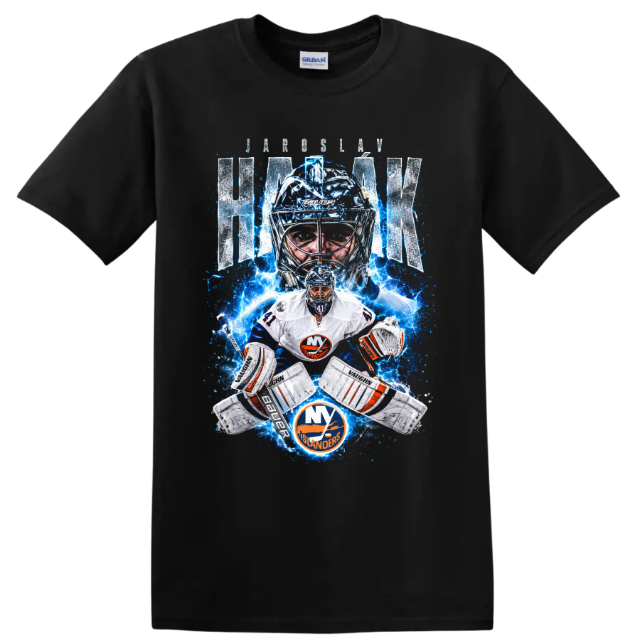 Jaroslav Halak New York Islanders goalie graphic with lightning and distressed name text on a Black T Shirt