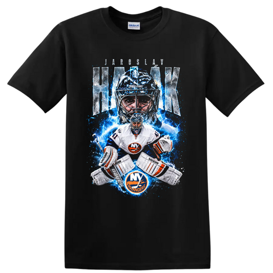 Jaroslav Halak New York Islanders goalie graphic with lightning and distressed name text on a Black T Shirt