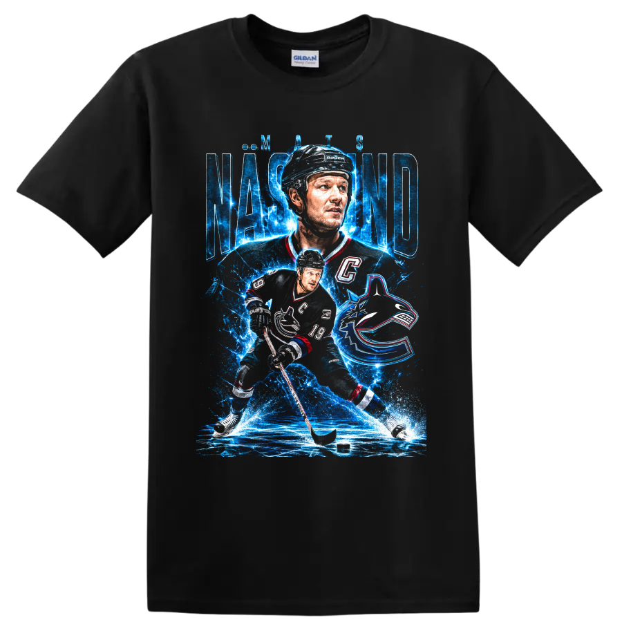Markus Naslund hockey portrait and action graphic with icy blue Canucks-inspired design on a Black T Shirt
