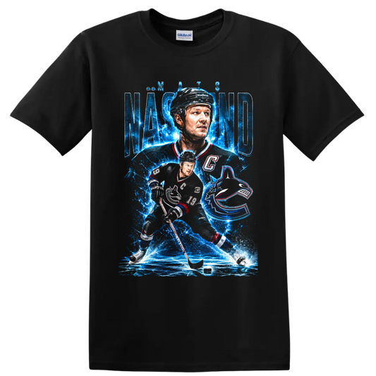 Markus Naslund hockey portrait and action graphic with icy blue Canucks-inspired design on a Black T Shirt