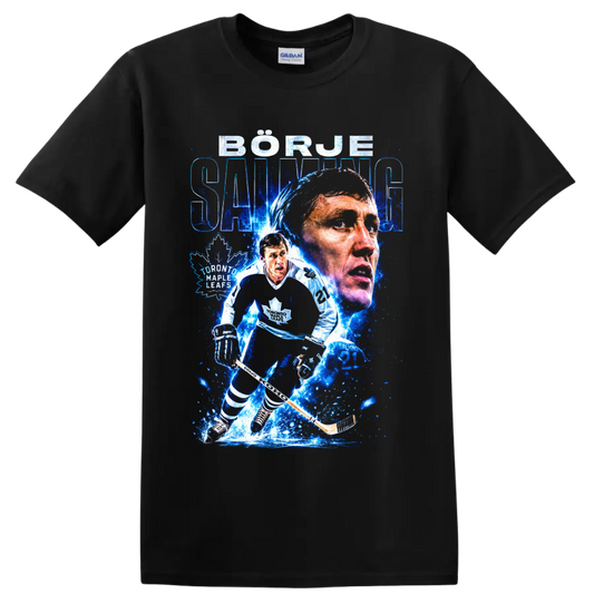Börje Salming Toronto Maple Leafs hockey tribute with portrait and skating action on a Black T Shirt
