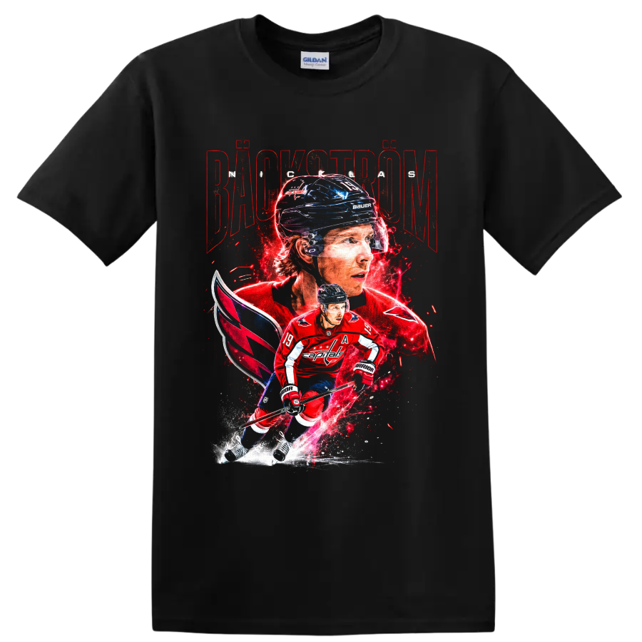 Nicklas Backstrom Washington Capitals hockey portrait and skating action graphic on a Black T Shirt