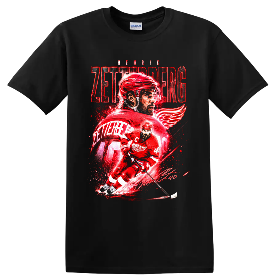 Henrik Zetterberg Red Wings number 40 hockey action graphic with bold red lettering on a Black T Shirt