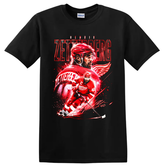 Henrik Zetterberg Red Wings number 40 hockey action graphic with bold red lettering on a Black T Shirt