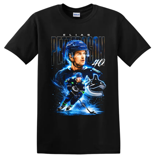 Elias Pettersson Vancouver Canucks blue hockey collage with number 40 and team logo on a Black T Shirt