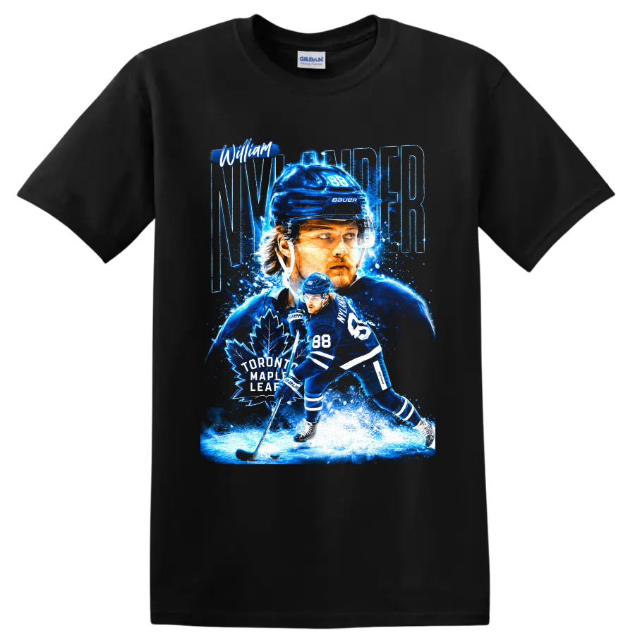William Nylander Toronto Maple Leafs number 88 electric blue hockey graphic on a Black T Shirt