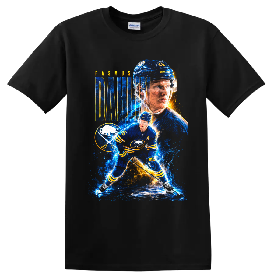 Rasmus Dahlin Buffalo Sabres hockey collage with bold name lettering and electric ice on a Black T Shirt