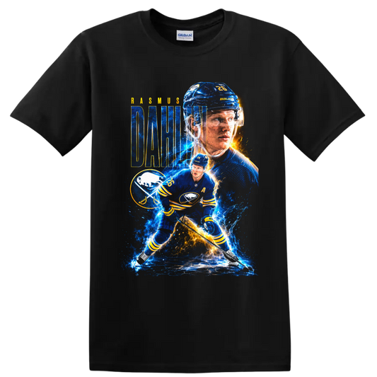 Rasmus Dahlin Buffalo Sabres hockey collage with bold name lettering and electric ice on a Black T Shirt